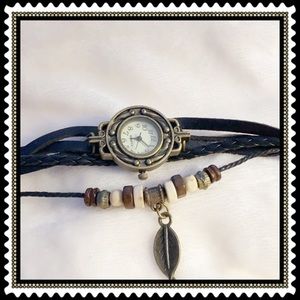✅ LEATHER WEAVE/WRAP/BRONZE BRACELET WATCH. Snaps.